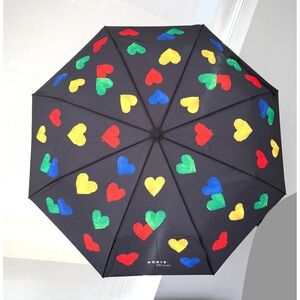 NWT Akris 100 Years Rainbow Hearts Dots Black Folding Umbrella Strotz Magicmatic